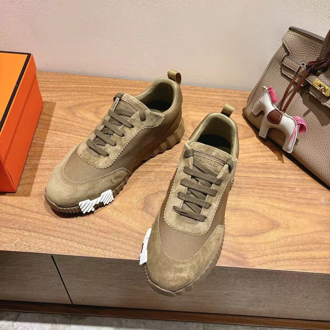 Hermes unisex suede sneakers, olive, lace-up, white pull-tab and ridged sole