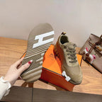 Hermes unisex suede sneaker outsole, olive upper with gripped striped tread