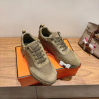 Hermes unisex suede sneakers, olive, lace-up, white sole edges and grippy tread