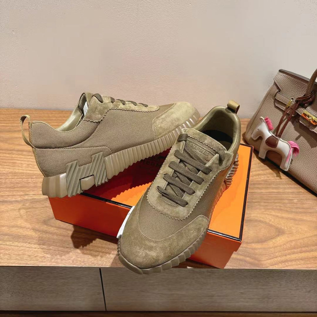 Hermes unisex suede sneakers, olive, lace-up, chunky sole with white traction pattern