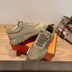 Hermes unisex suede sneakers, olive, lace-up, chunky sole with white traction pattern