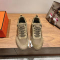 Hermes unisex suede sneakers, olive tone, lace-up front, chunky textured rubber sole