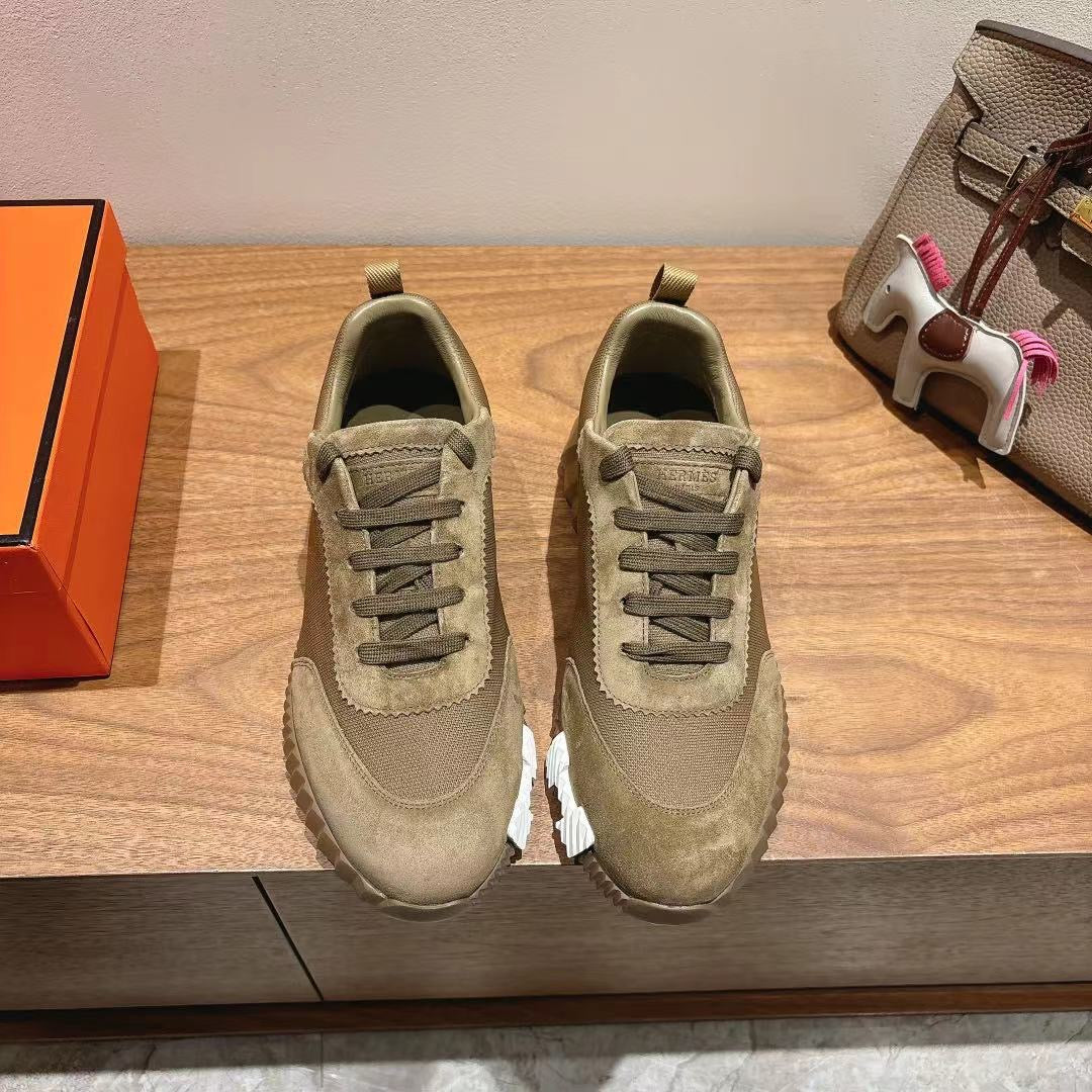 Hermes unisex suede sneakers, olive tone, lace-up front, chunky textured rubber sole