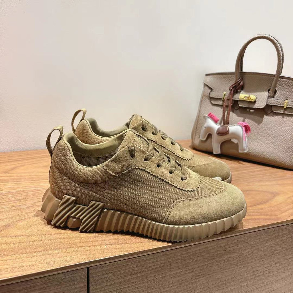 Hermes unisex suede sneakers, olive, lace-up with white logo accent and ridged sole