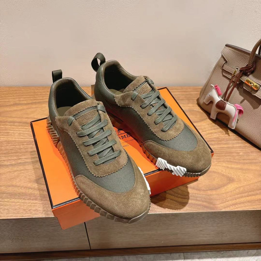 Unisex sneakers pair on box, blue-gray suede and mesh, lace-up, white sole