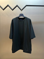 Dark charcoal short-sleeve sweatshirt with rhinestone monogram at chest