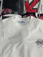 Off White T-shirt neckline and off-white chest with small black logo