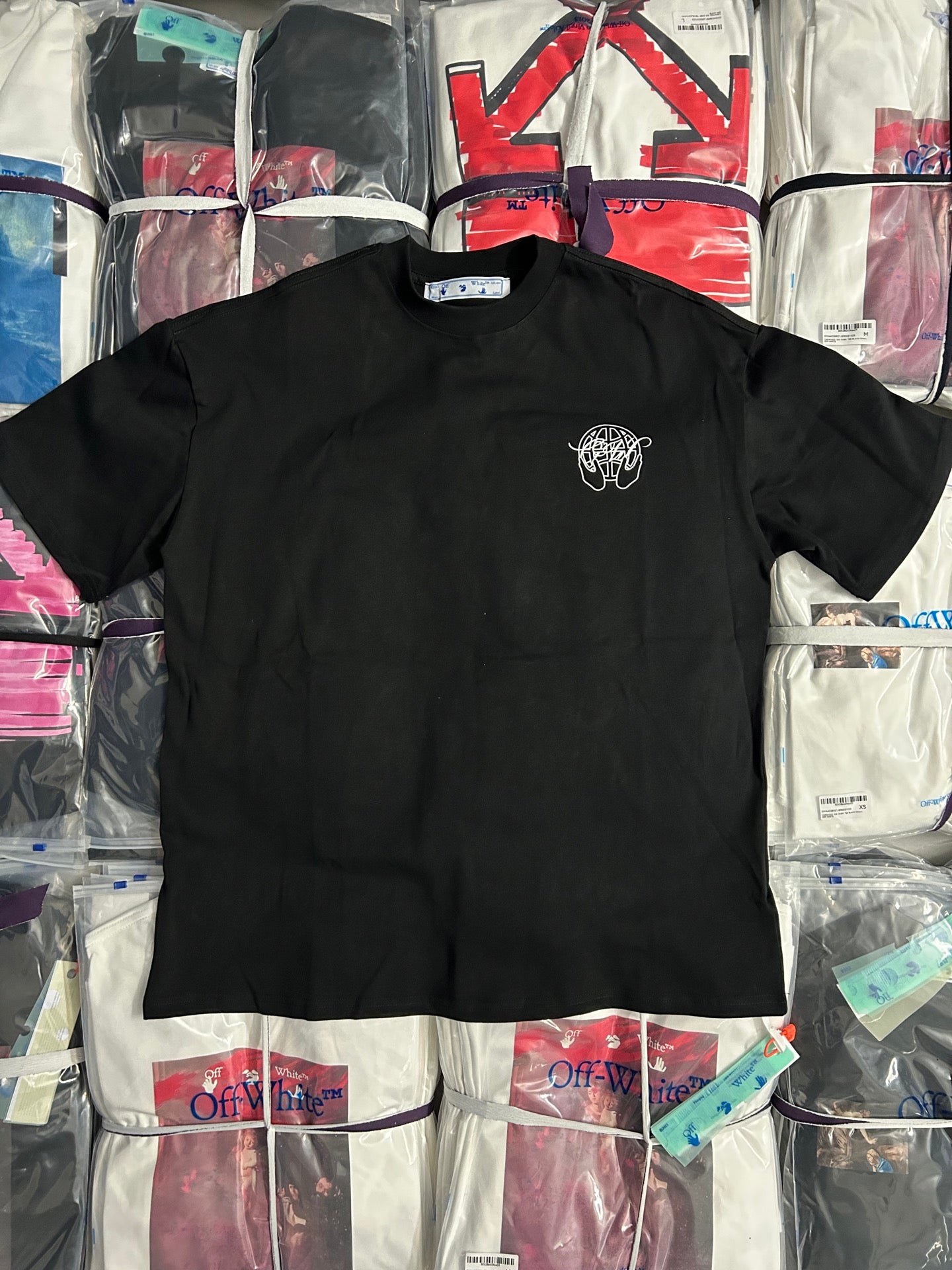 Off White black T-shirt with small white logo on chest, crew neck