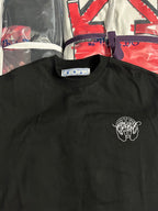 Off White black T-shirt close-up: crew neck and small white chest logo