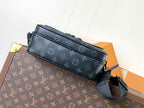 Men’s Louis Vuitton crossbody bag front view with zip closure and strap