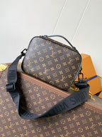 Men's Louis Vuitton monogram crossbody bag with front strap and gold hardware