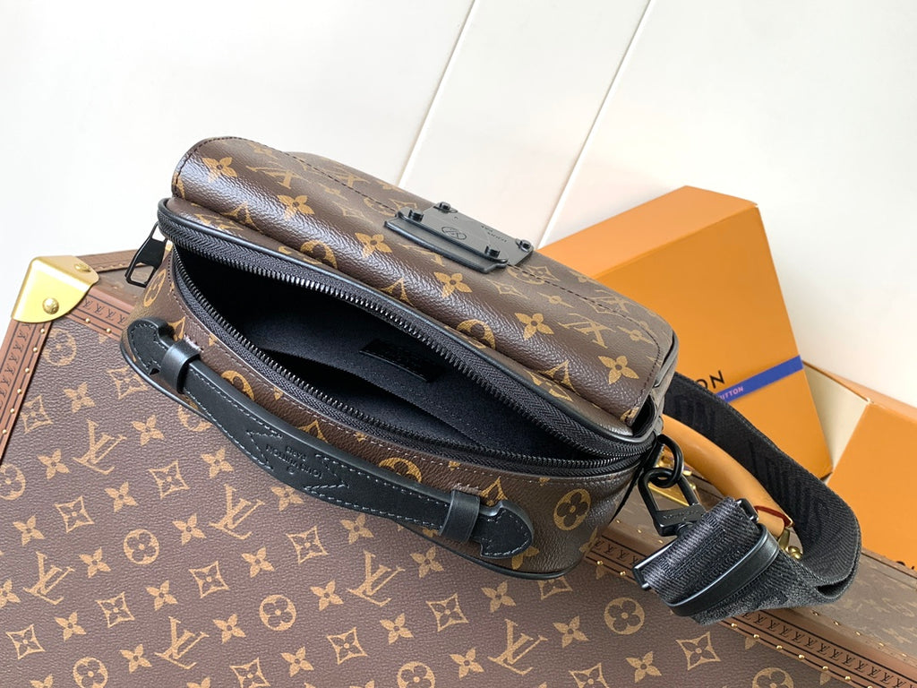 Men's Louis Vuitton monogram crossbody bag with zipper opening and shoulder strap
