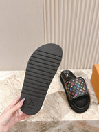 Louis Vuitton slide sandals, black ribbed outsole and multicolor monogram strap