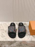Louis Vuitton slide sandals, black monogram strap and black cushioned footbed