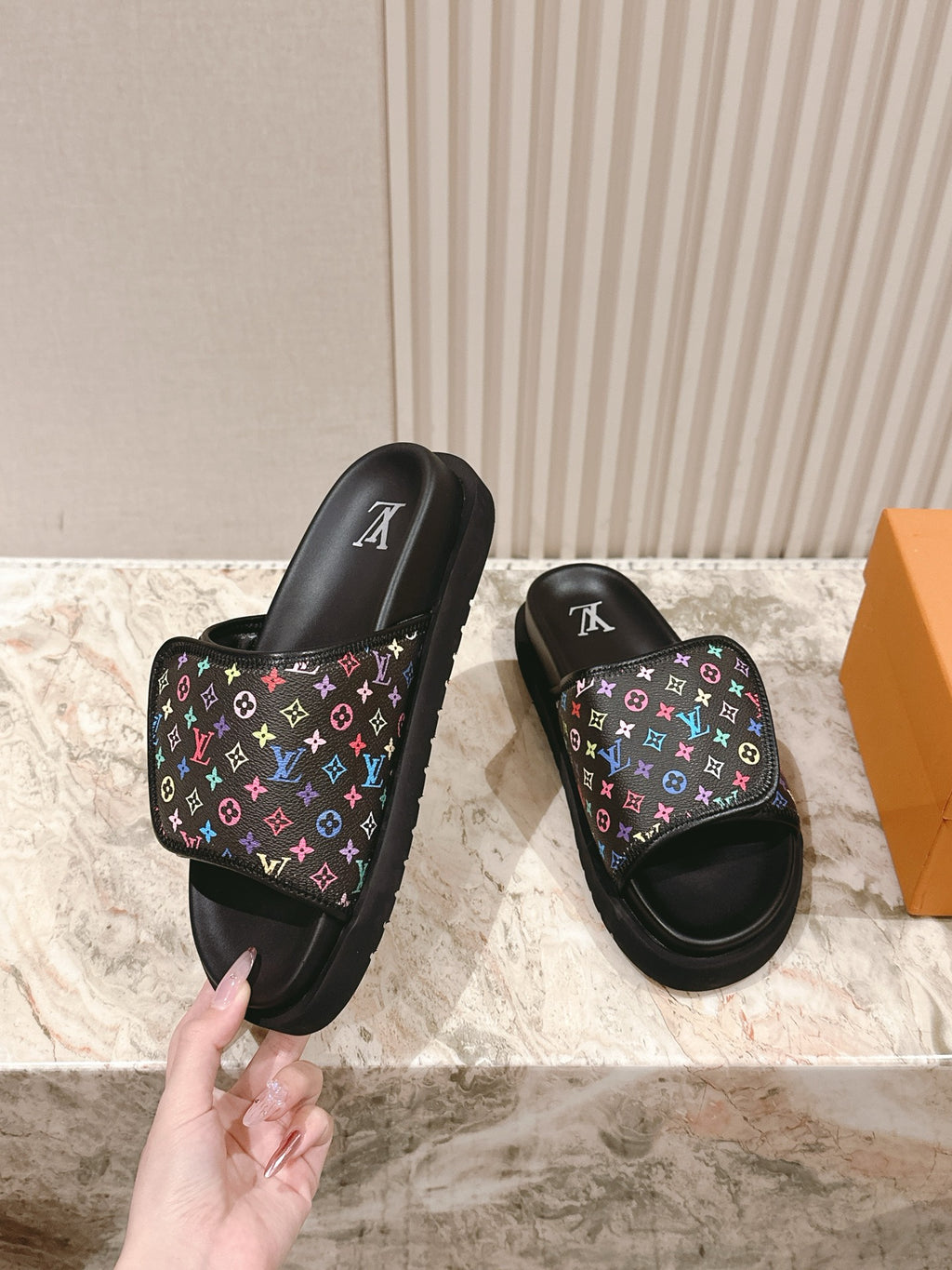 Louis Vuitton slide sandals, multicolor monogram strap on black footbed
