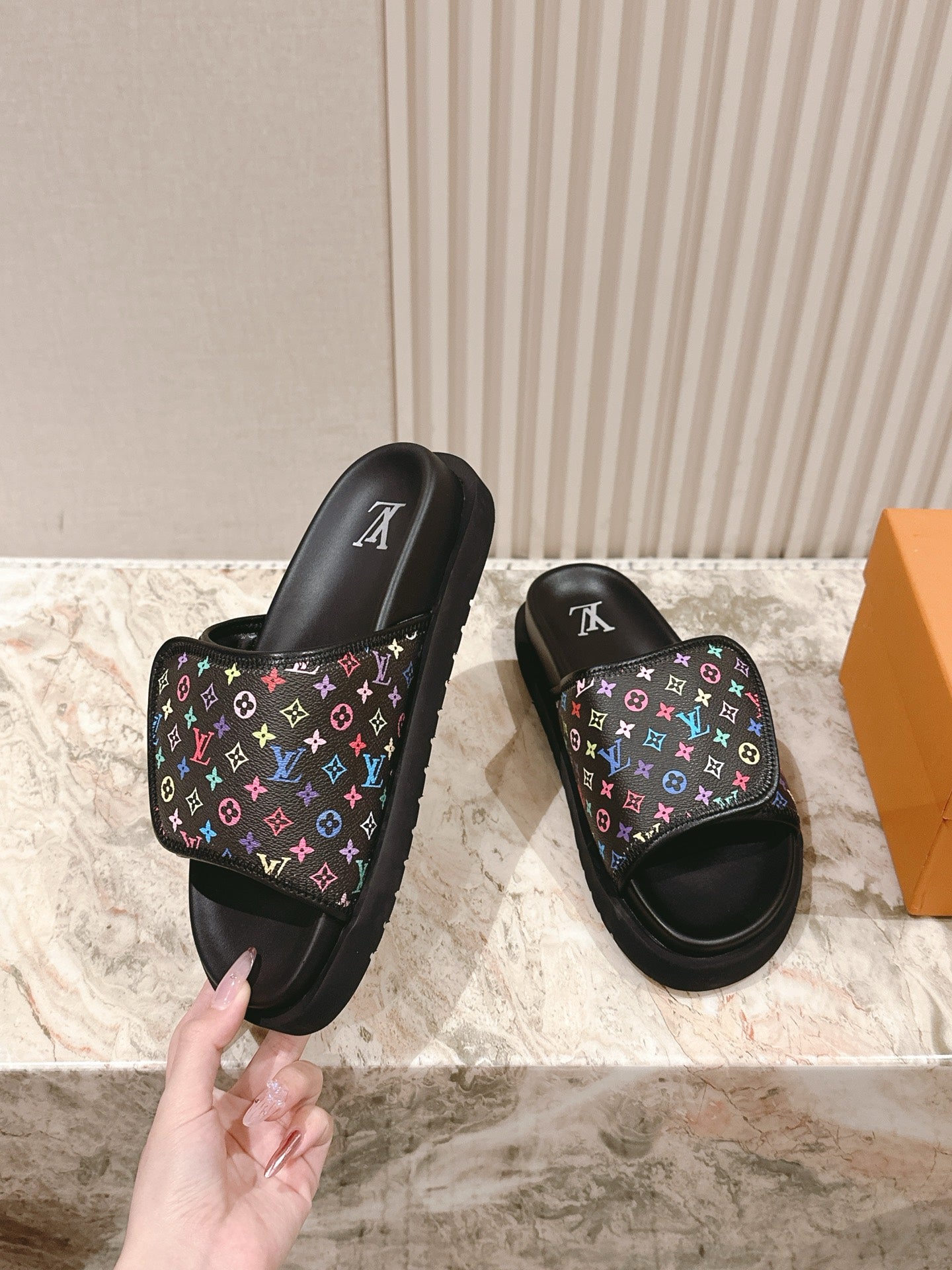 Louis Vuitton slide sandals, multicolor monogram strap on black footbed