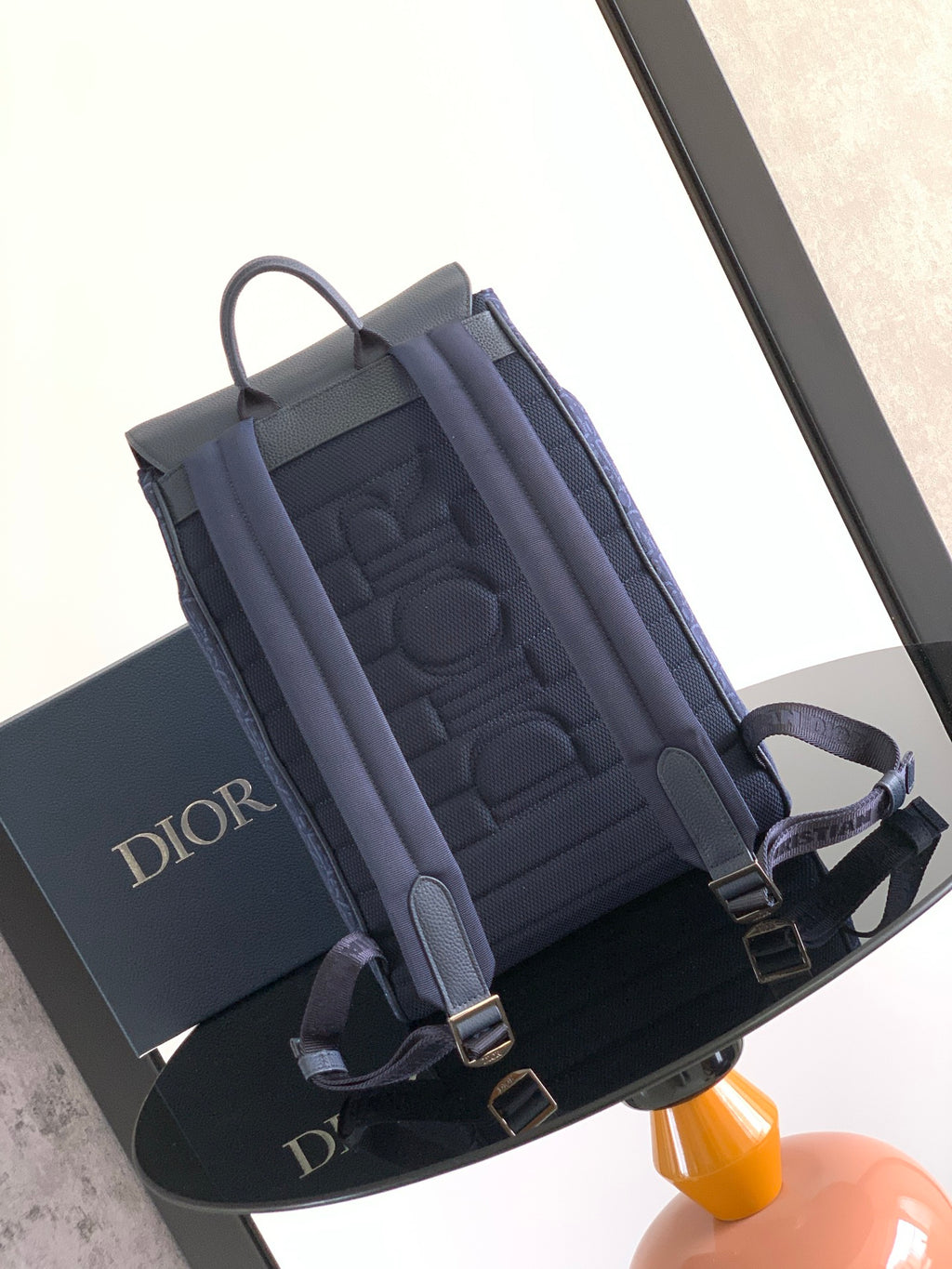 Dior bag open panel showing interior lining and gray adjustable shoulder strap