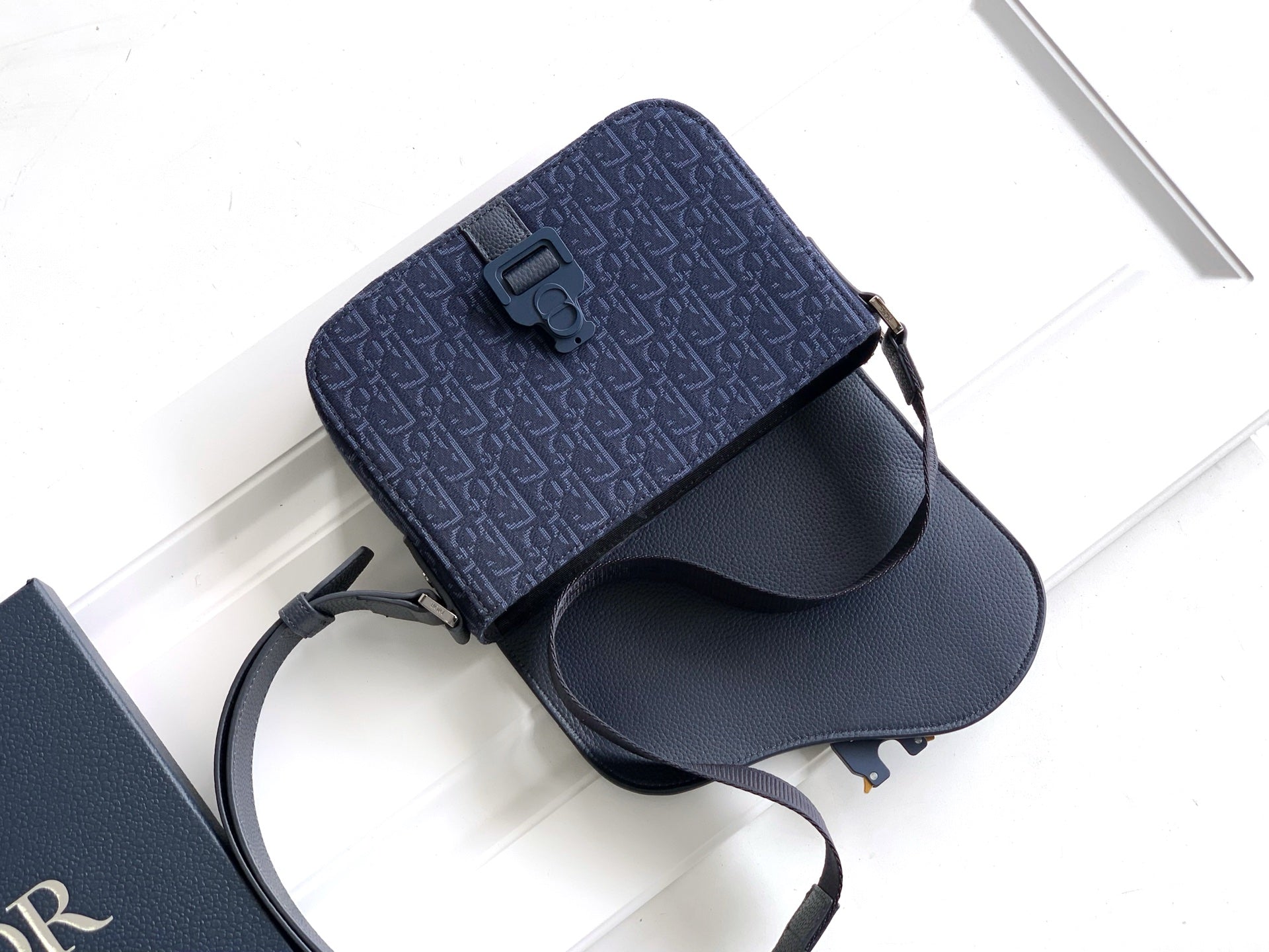 Dior mini bag with adjustable strap, navy blue monogram and leather body