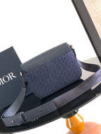 Dior crossbody bag with flap, navy blue monogram fabric and leather trim