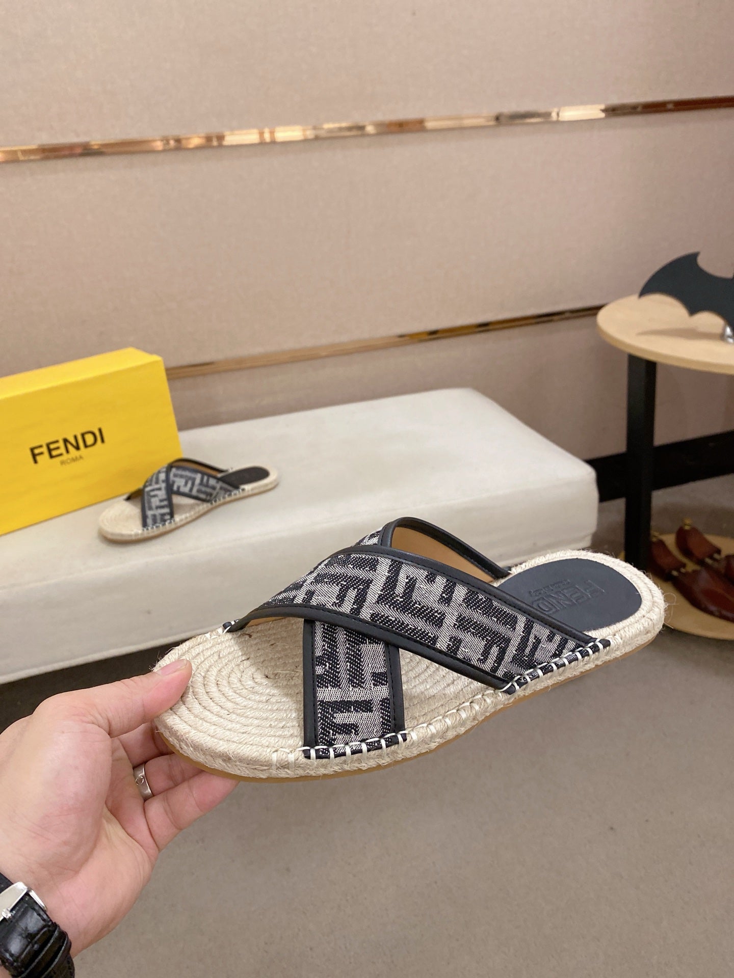 Fendi black and white monogram slide sandals, cream rope-textured footbed and sole