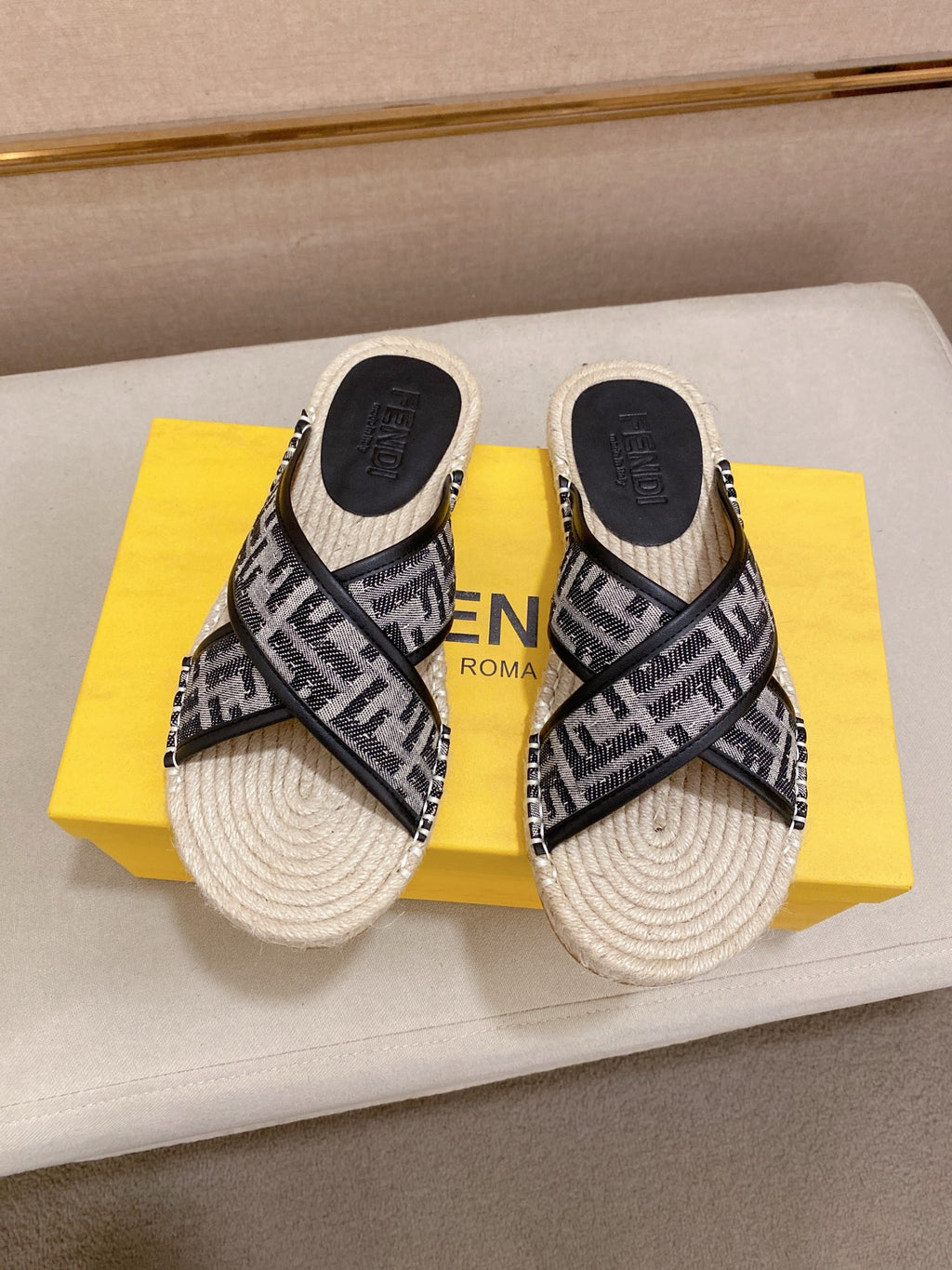 Fendi pair of monogram slide sandals on box, black straps and cream espadrille soles