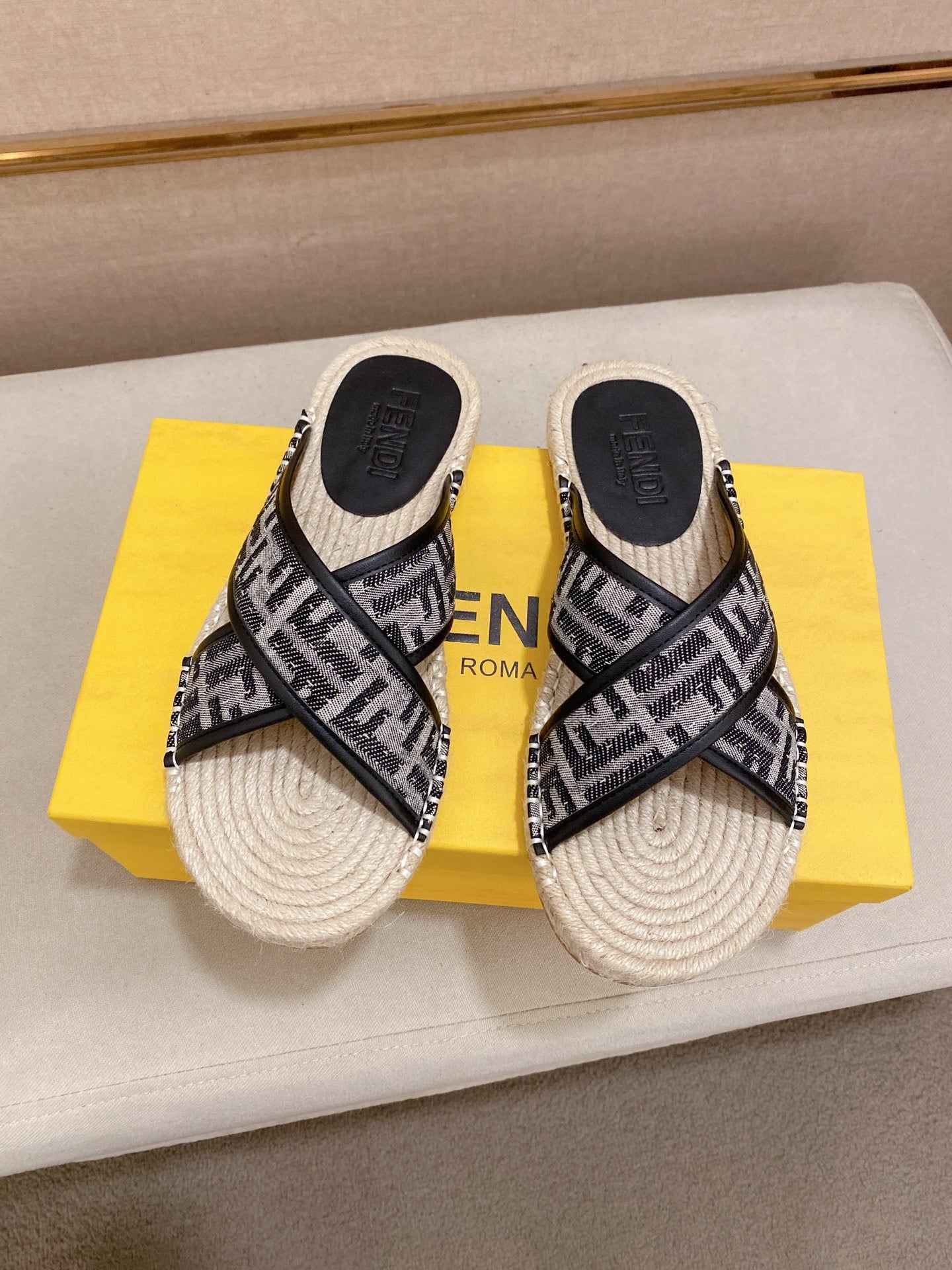 Fendi pair of monogram slide sandals on box, black straps and cream espadrille soles