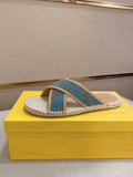 Fendi blue monogram slide sandals with woven espadrille sole and fabric straps
