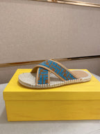 Fendi blue monogram slide sandals with woven espadrille sole and fabric straps