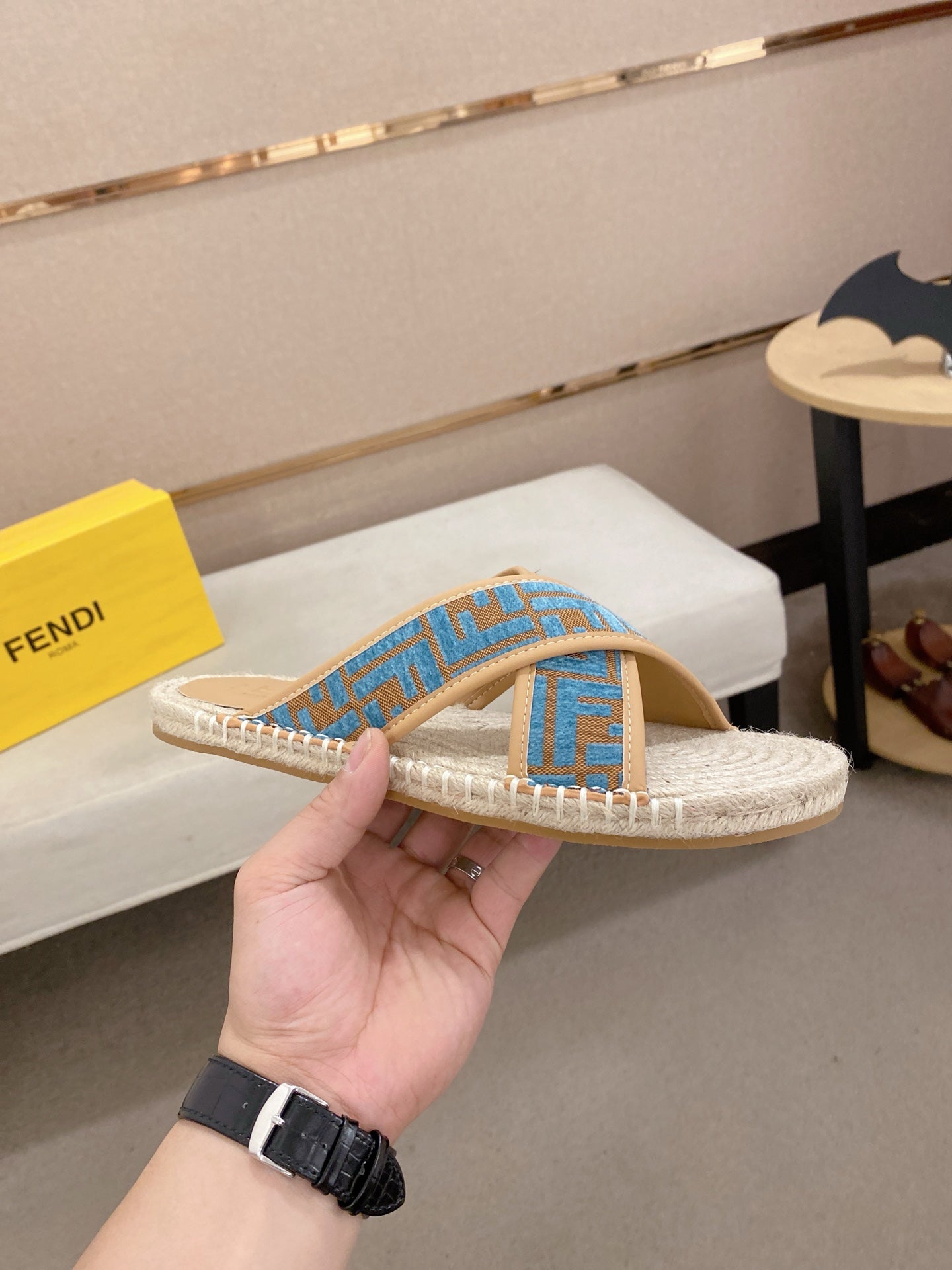 Fendi blue monogram slide sandals with woven espadrille sole and wide fabric strap