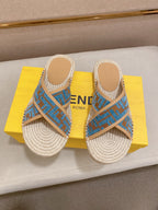 Fendi blue monogram slide sandals pair, tan lining, woven espadrille sole
