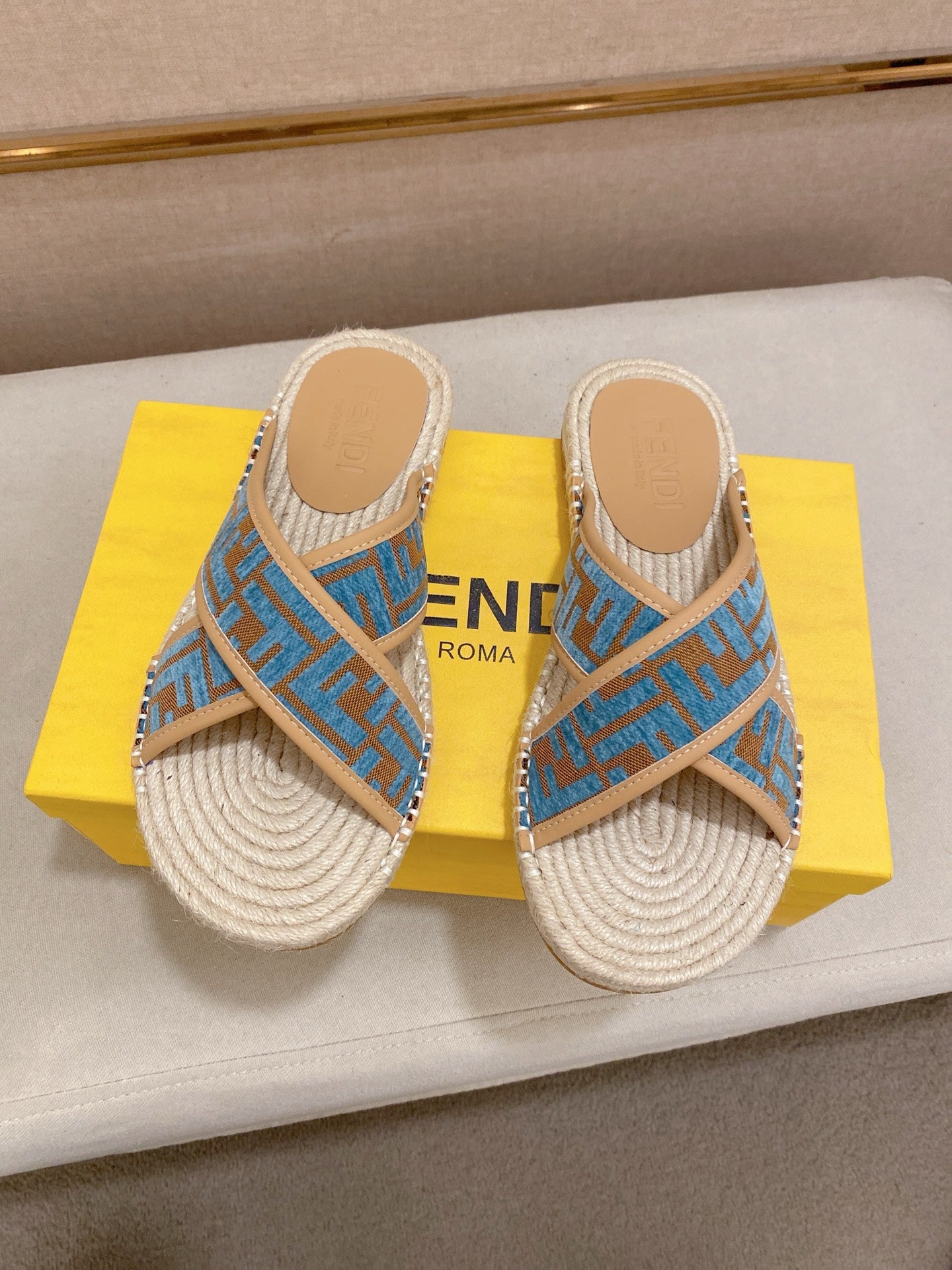 Fendi blue monogram slide sandals pair, tan lining, woven espadrille sole