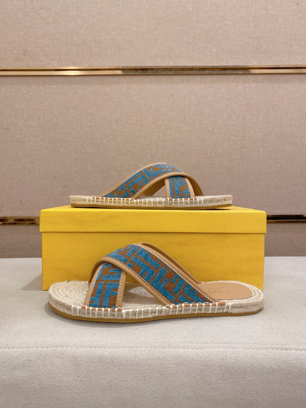 Fendi blue monogram slide sandals with woven espadrille sole and textured strap