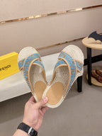 Fendi blue monogram slide sandals, open toe, woven straw sole and side strap