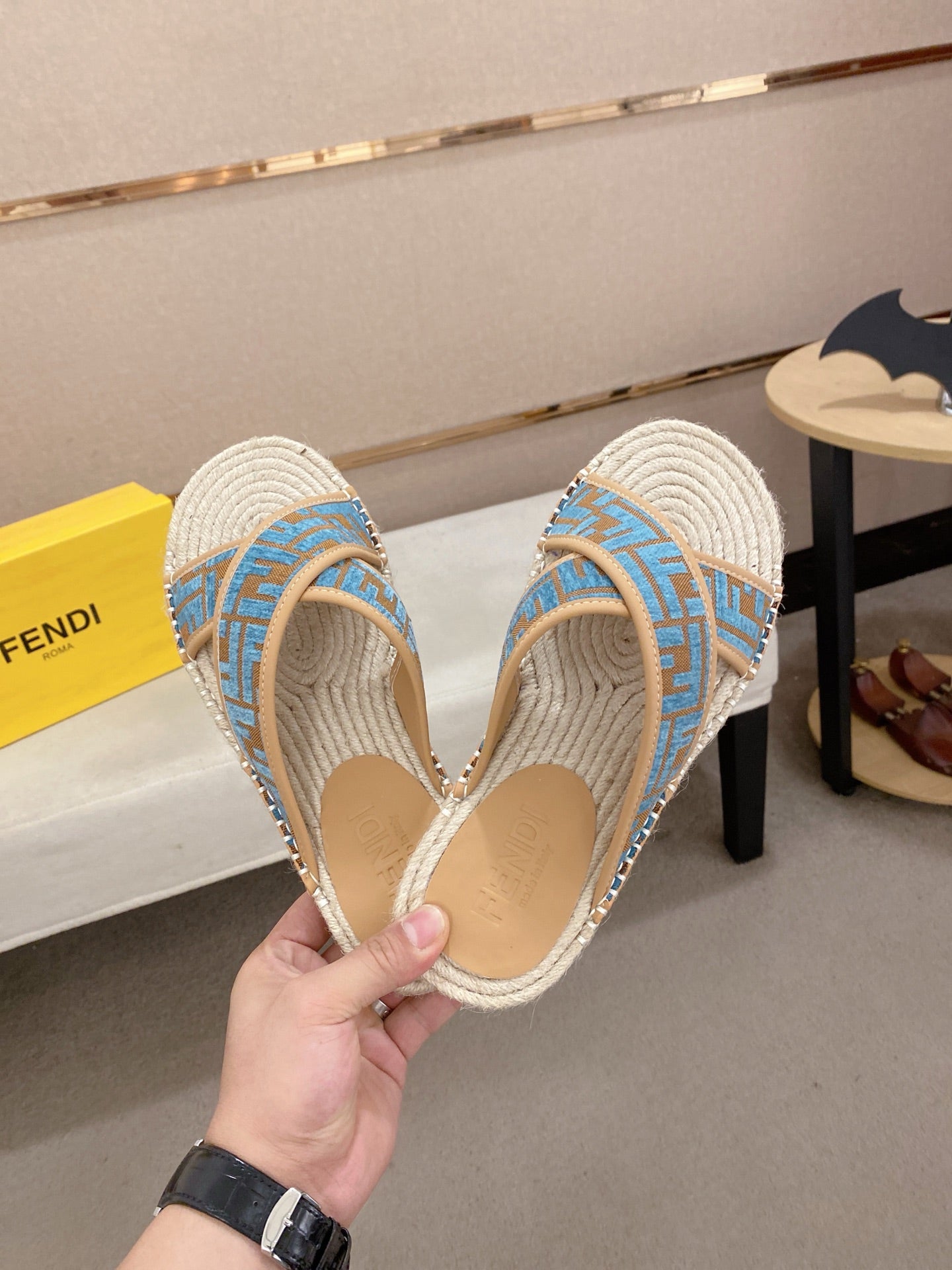 Fendi blue monogram slide sandals, open toe, woven straw sole and side strap
