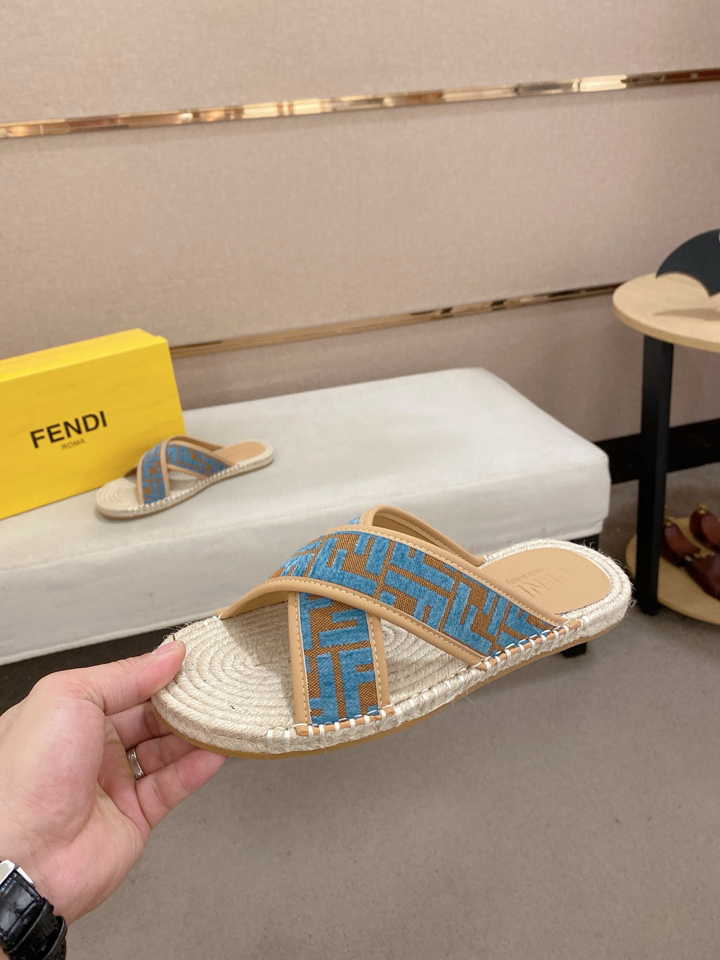 Fendi blue monogram slide sandals, espadrille sole and wide cross fabric strap