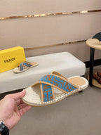 Fendi blue monogram slide sandals, espadrille sole and wide cross fabric strap
