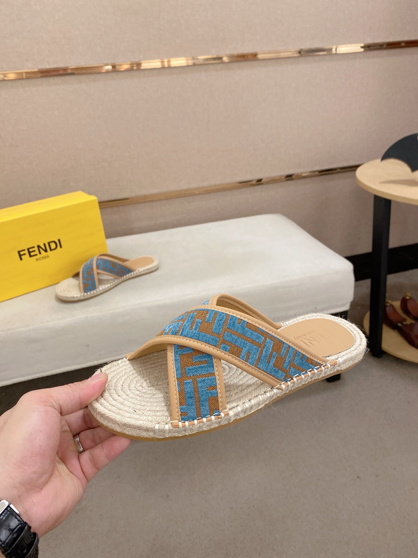 Fendi blue monogram slide sandals, espadrille sole and wide cross fabric strap