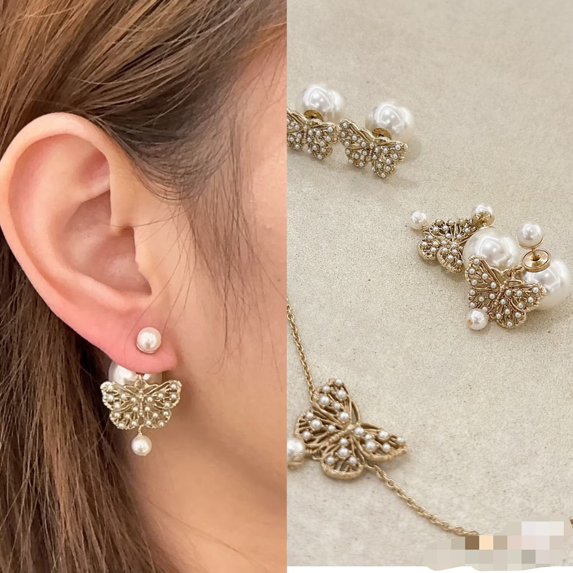 Dior gold pearl earrings with dangling butterfly motif