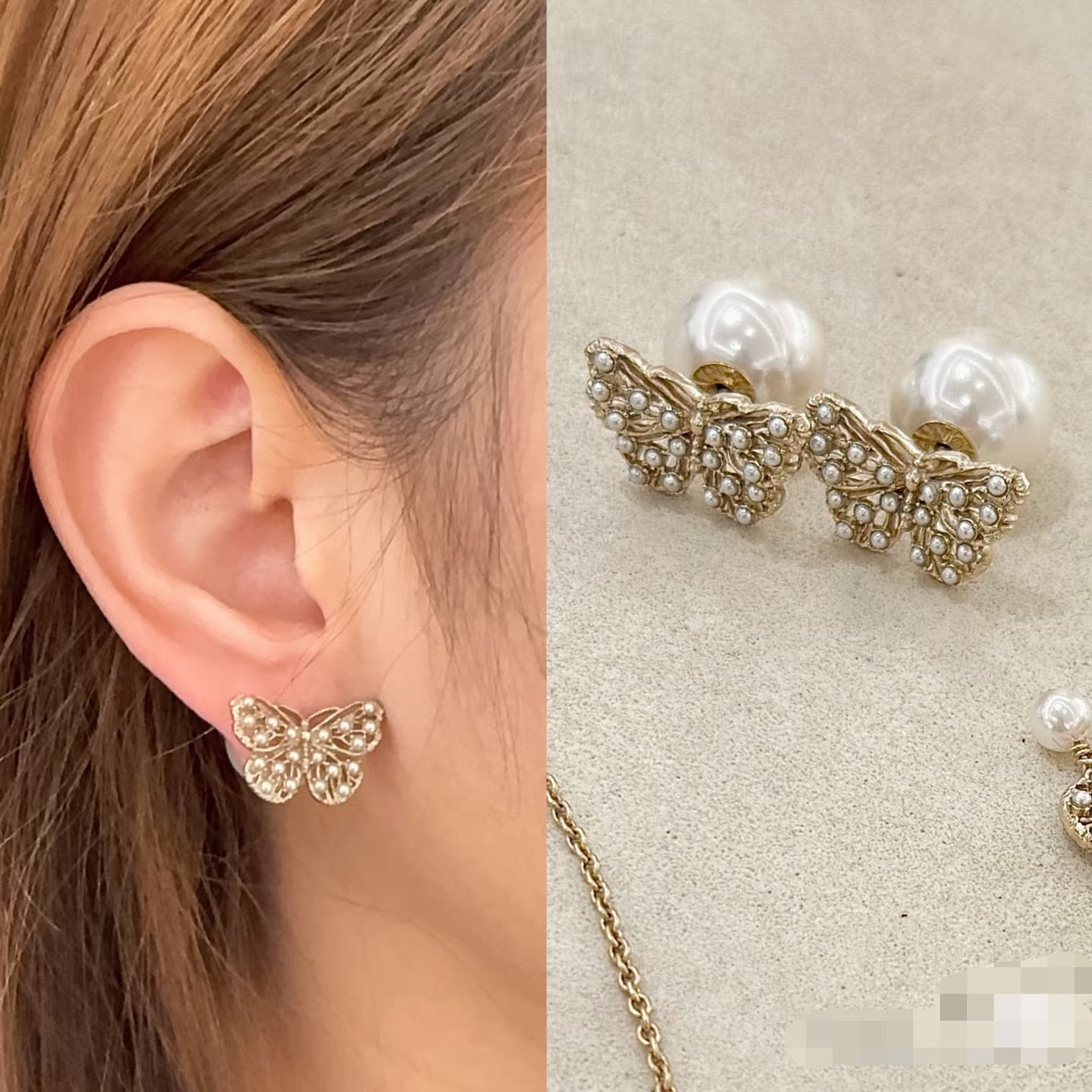 Gold butterfly earrings with white pearl and crystal embellishment