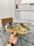 Handheld check low-top sneaker with blue trim, lace-up front, tan rubber sole
