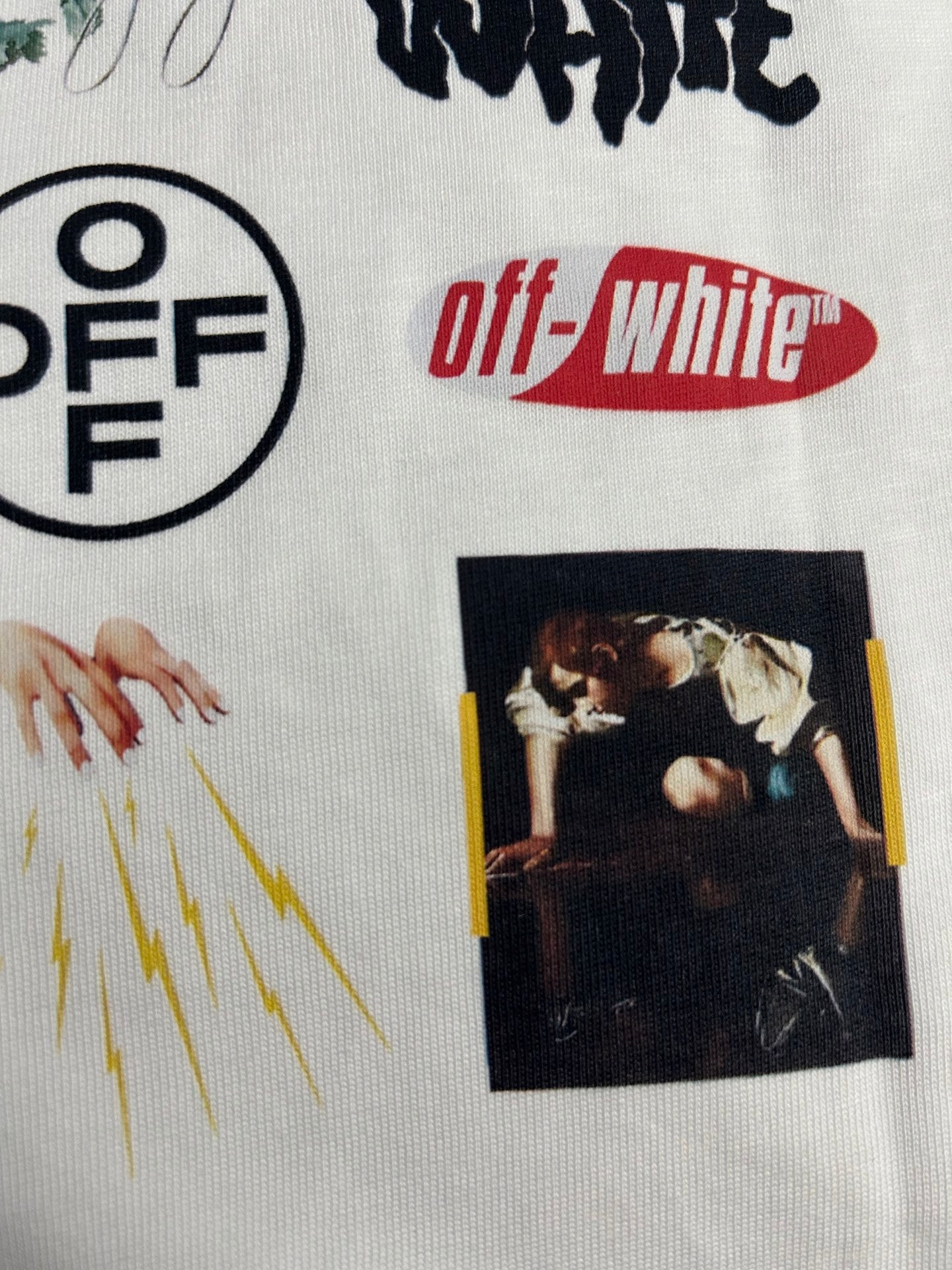 Off-White white T-shirt with OFF icon, off-white wordmark, and photo graphic