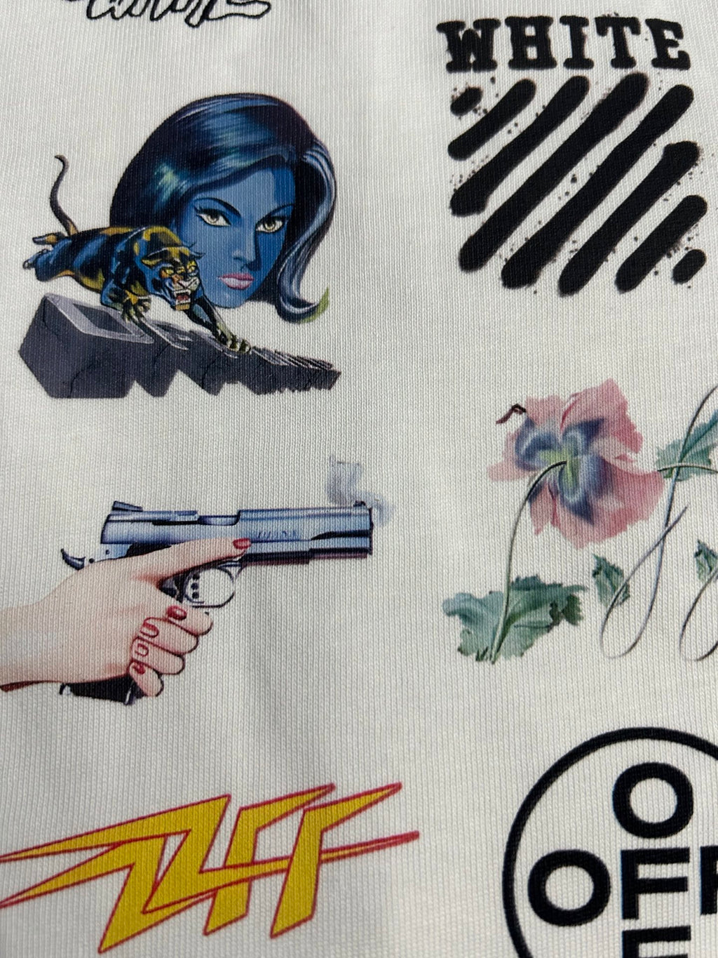 Off-White white T-shirt with face, flowers, guns, and OFF-WHITE text