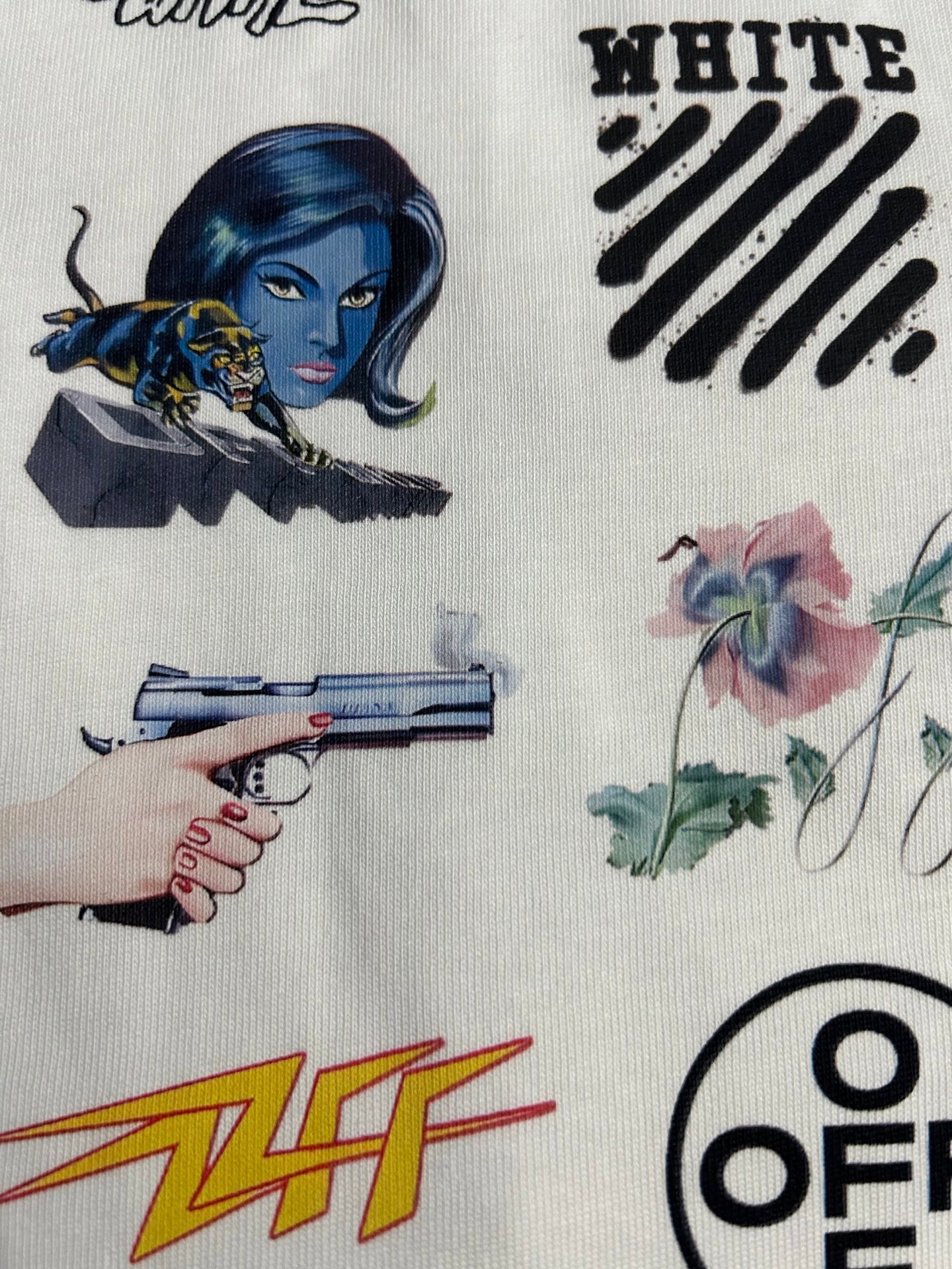 Off-White white T-shirt with face, flowers, guns, and OFF-WHITE text