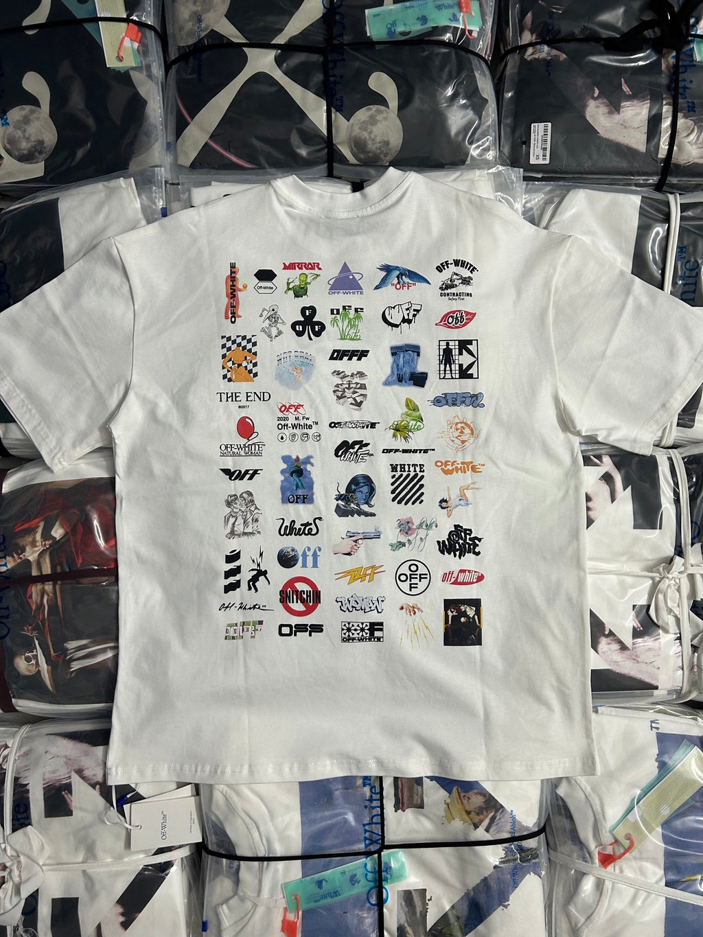 Off-White white T-shirt covered with colorful character and icon prints