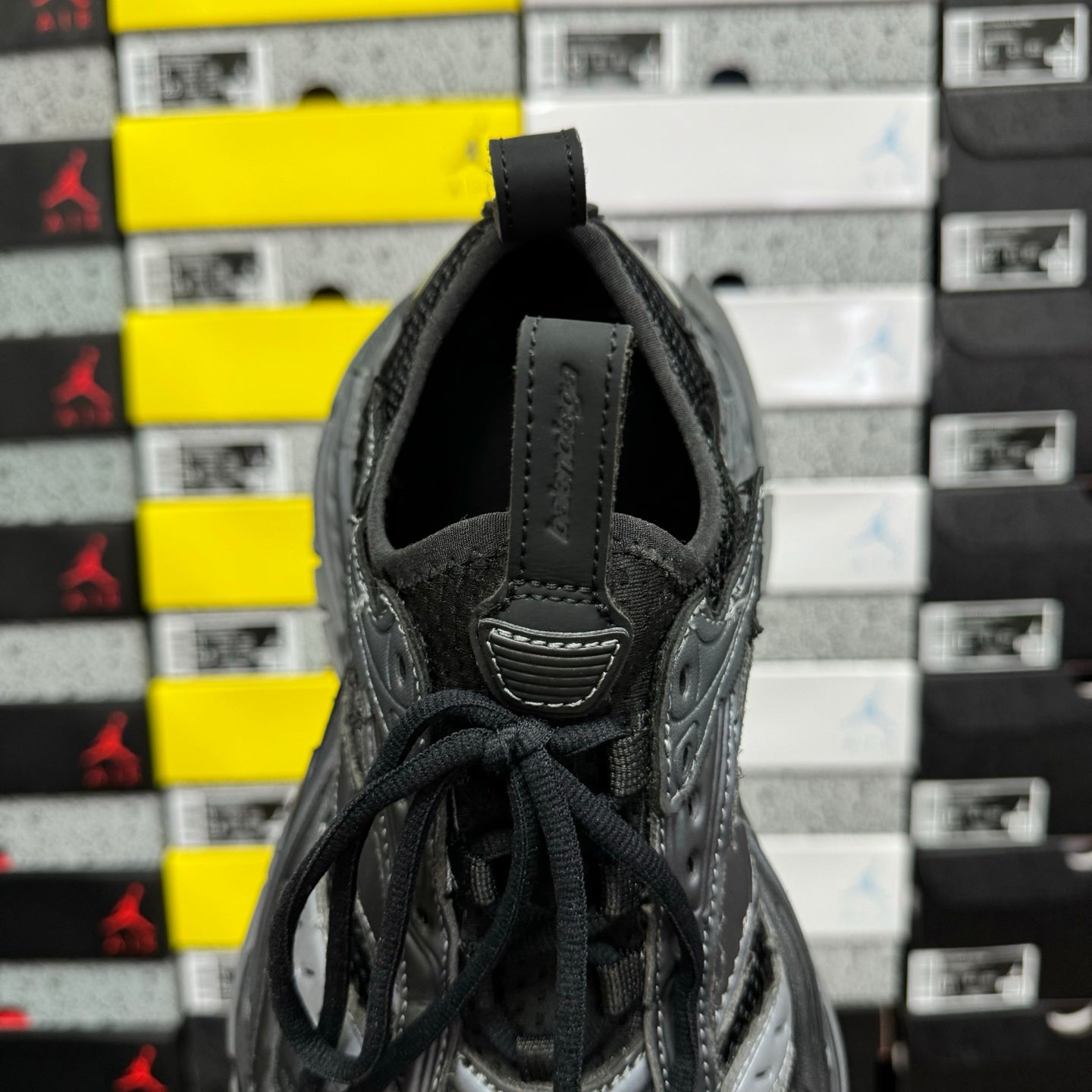 Balenciaga unisex running shoes rear view, dark gray tongue and lace eyelets