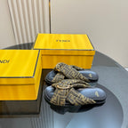 Fendi ladies slide sandals with navy footbed and beige FF jacquard bow strap