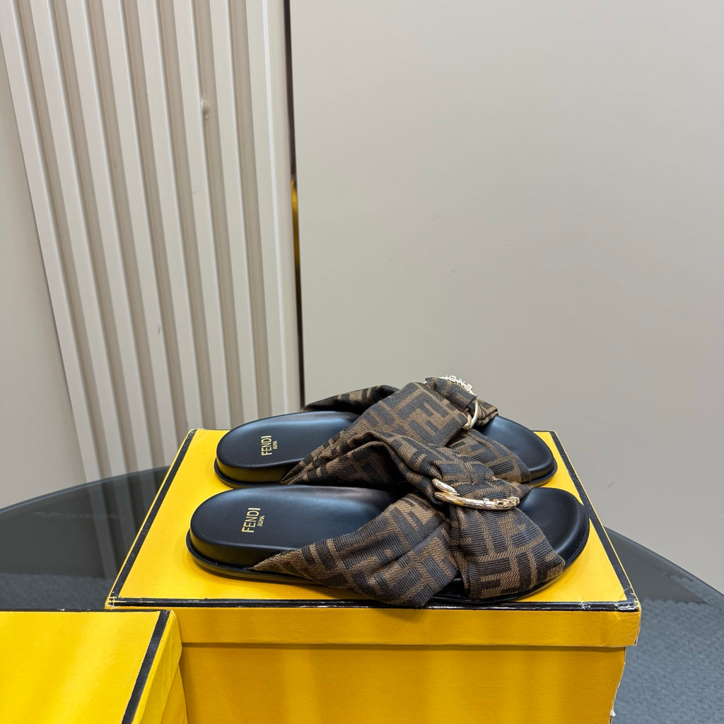 Fendi ladies slide sandals with FF-pattern upper and metal buckle detail