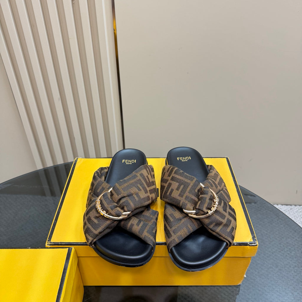 Fendi ladies slide sandals with wide FF-pattern band and chain-link buckle