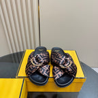 Fendi slide sandals, two shoes with FF logo bow straps and dark footbed