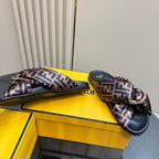 Fendi slide sandals lying on yellow box, FF logo patterned strap detail